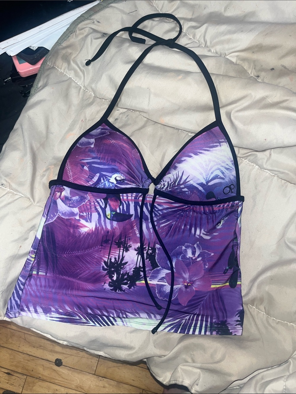 OP Purple Tropical Halter Swim Tankini with Black Trim